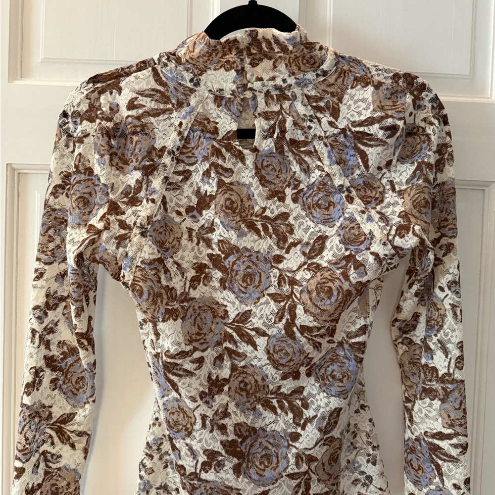 Free People Floral Lace Long-Sleeve Mock Neck Top in Cream, Brown & Light Blue